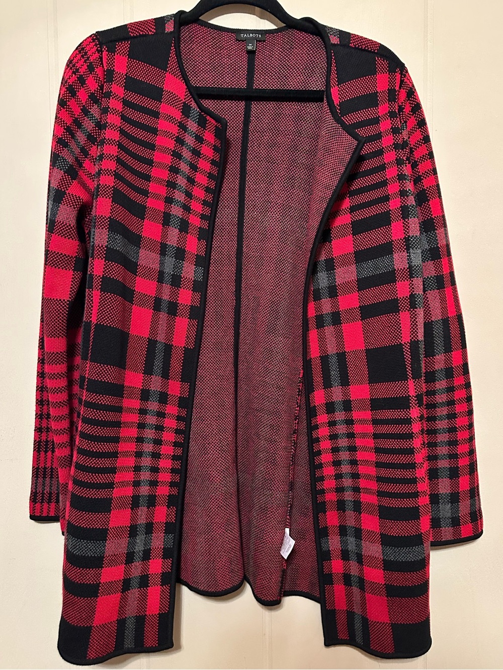 Talbots Red & Black Plaid Open-Front Sweater Cardigan Size Medium
